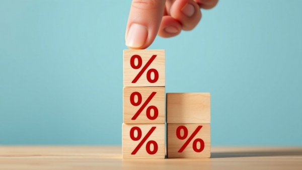 Hand stacking wooden blocks with red percentage signs symbolizing interest rate rise.