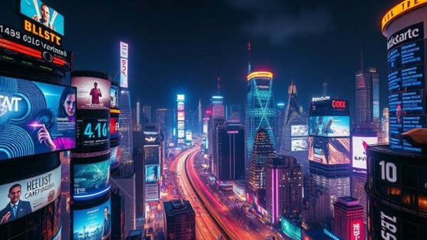 Digital screens collage over cityscape, futuristic technology theme.