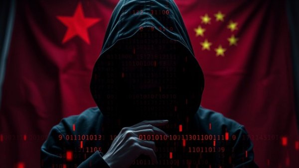Hooded figure on phone with Chinese flag, symbolizing cybercrime.