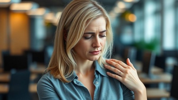 Woman experiencing neck pain at computer - Übungen gegen Rückenschmerzen am PC.