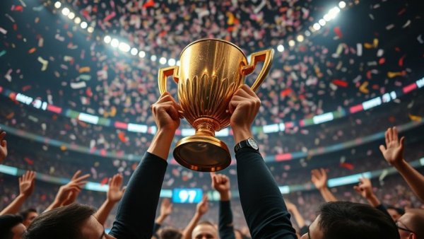 DFB-Pokal trophy held high amidst cheering hands and falling confetti.