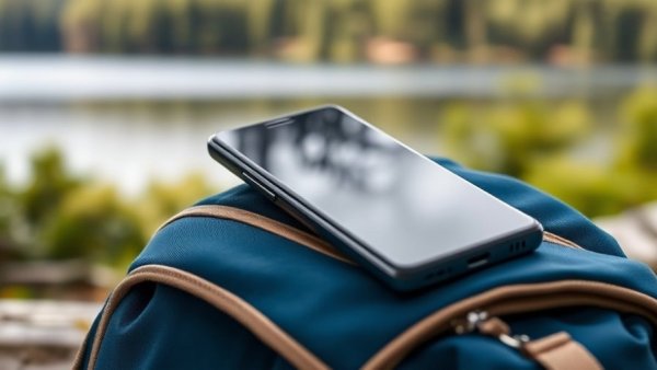 Beste Powerbanks 2026: Smartphone and power bank on backpack by lake.