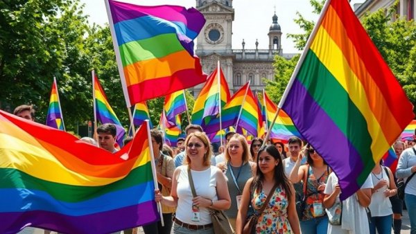 Pride flags waving at a demonstration highlighting Selbstbestimmungsgesetz Datenschutz.