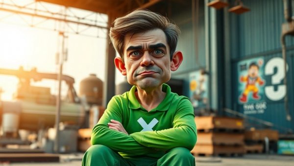 Caricature in green with 'X', displeased look in industrial scene.