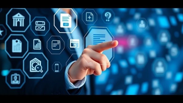 Futuristic digital interface with business professional pointing, technology theme.