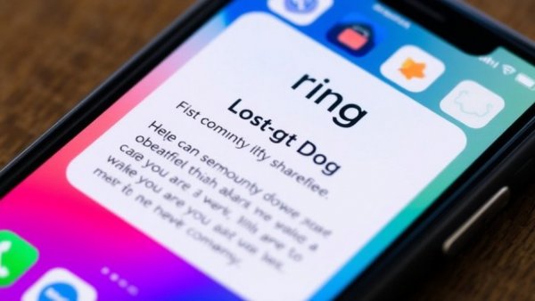 Ring camera notification about a lost dog on phone screen.