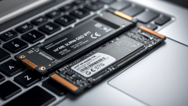 Close-up of Beste SSD PCIe 5.0 NVMe M.2 and 2.5-inch SSDs on a laptop keyboard.