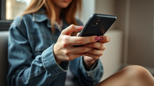 Frau hält günstige Smartphones in der Hand, drinnen mit warmem Licht.