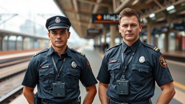 Security personnel with body cameras at train station showcasing bodycam market.
