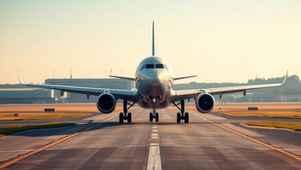 Commercial airliner taxiing on runway with terminal in background.