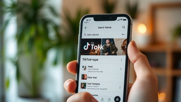 Smartphone displaying TikTok search results, highlighting data tracking concerns.