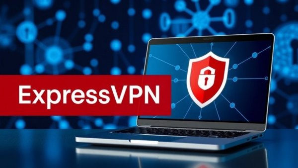 ExpressVPN Test with logo and laptop displaying VPN shield on blue network background.