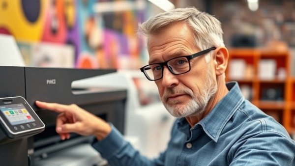 Focused man with glasses pointing at a modern printer, vibrant background
