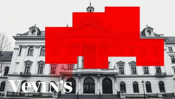 Abstract red blocks over Swiss building in a newspaper layout
