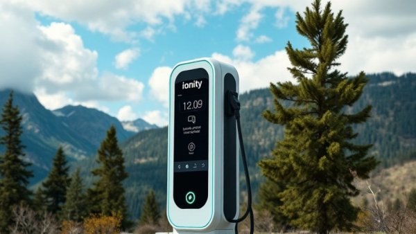 Ionity charging station in scenic mountain setting, vibrant daylight.