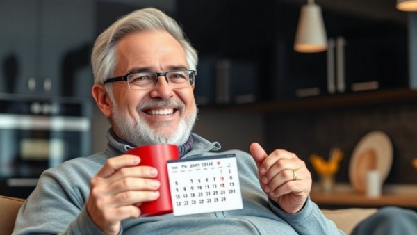 Smiling man with Tabwee P15 Test Familienkalender in a modern kitchen.