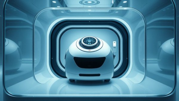 DJI Staubsaugerroboter gehackt: Transparent case revealing sleek vacuum in minimalist setting.