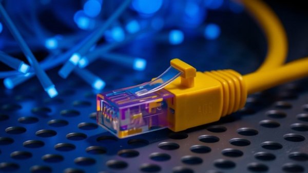 Close-up of fiber optic cable alongside ethernet connector, illustrating Glasfaserausbau in Deutschland.