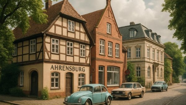 Einkaufen im Ahrensburg der 80er Jahre: historic street scene with classic architecture.