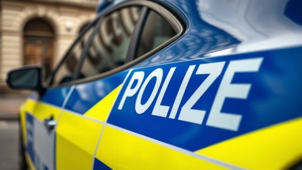 Blue German police car close-up with reflective lettering.