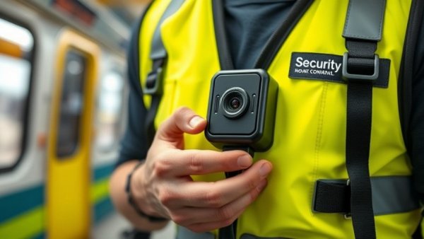 Bodycam Datenschutz in Zügen: close-up view on security vest.