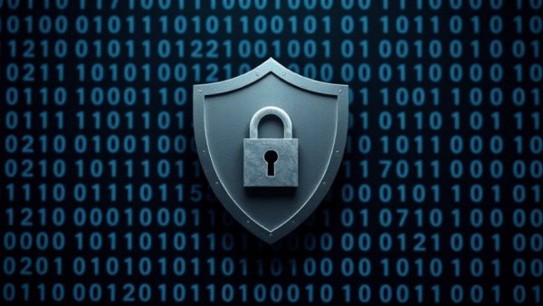 Digital shield with padlock symbol over binary code for cybersecurity threats.