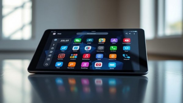 Privacy-focused tablet with colorful app icons on screen.