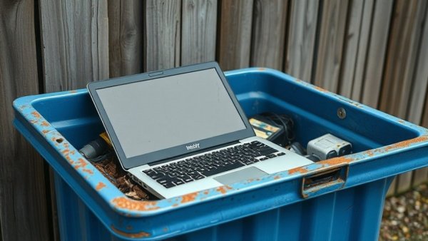 Repurpose old laptop discarded in trash bin for recycling ideas.