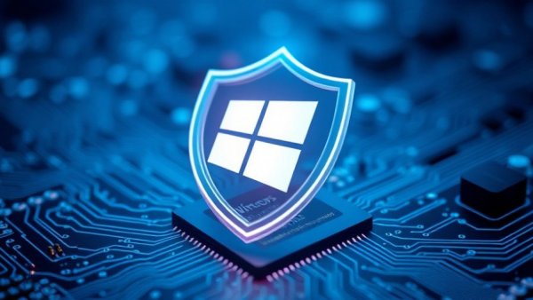 Windows Secure Boot concept: Glowing shield with Windows logo on digital background.