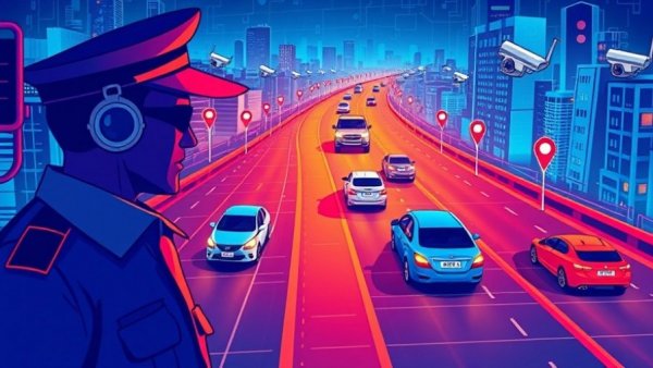 Futuristic surveillance system illustration depicting car tracking.