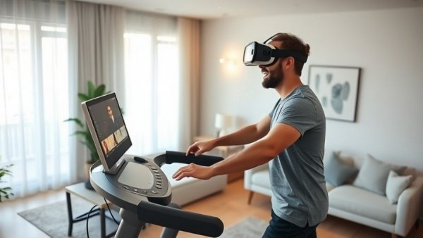 Omni One Meta Quest Zubehör VR treadmill experience in modern living room.