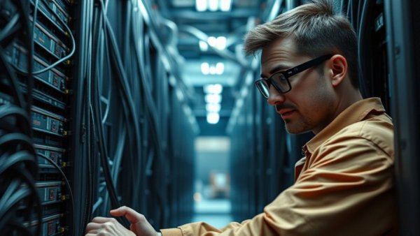 Technician managing servers, illustrating DDoS-Angriffe auf die Bahn.