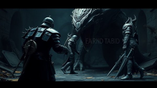 Epic confrontation scene in dark dungeon, showcasing cinematic battle