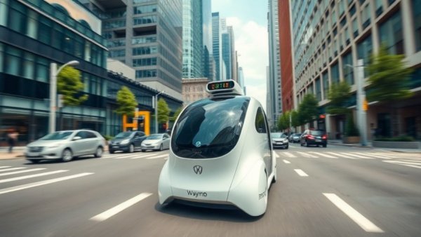 Sleek white Waymo robotaxi driving on urban street in city.