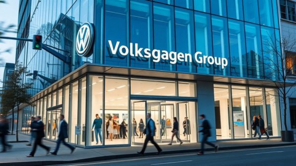 Volkswagen Group building with pedestrians walking at evening.