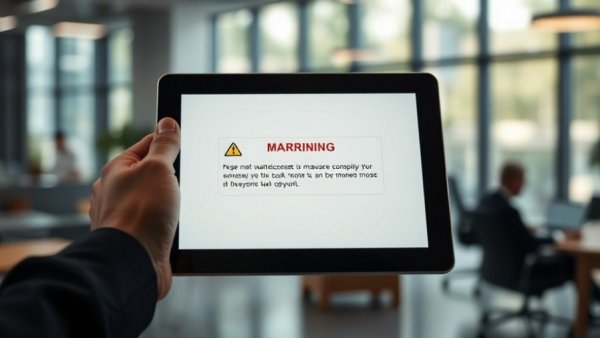 Tablet with malware warning in modern office, highlighting Android-Tablets mit vorinstallierter Malware.