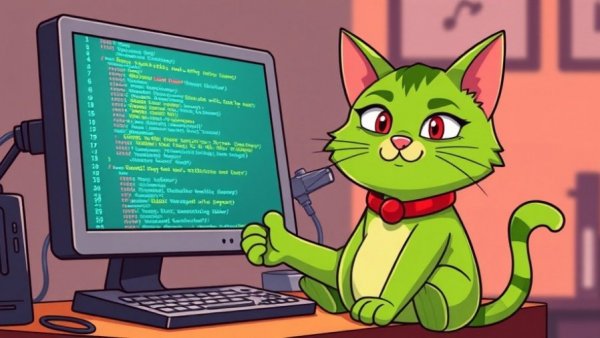 Cartoon cat coding with playful script on screen, illustrating LLM-unterstützte Beiträge.