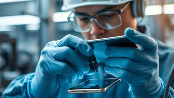 Xiaomi Smartphone Produktion: Worker inspects screen in factory setting.