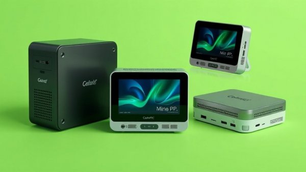 Stylish mini-PCs highlighting features on green background, Mini-PC-Angebote bei Amazon