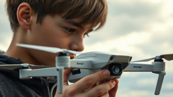 HoverAir X1 Test close-up with young person outdoors under cloudy sky.