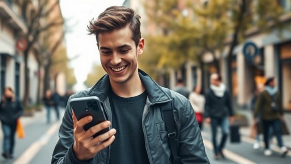 Stylish young man using smartphone with Edeka logo on urban street