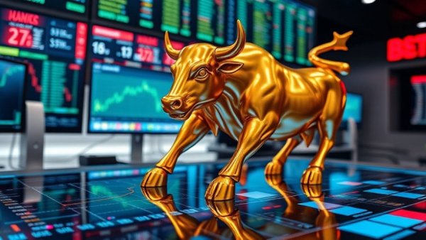 Golden bulls on stock market display highlighting security and data trends.