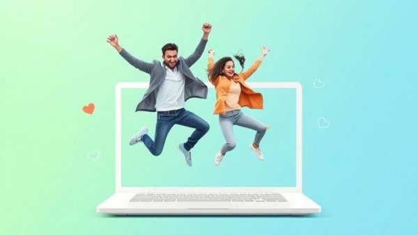 Dynamic young couple jumping from laptop, Cloud-Speicher ohne Abo concept.