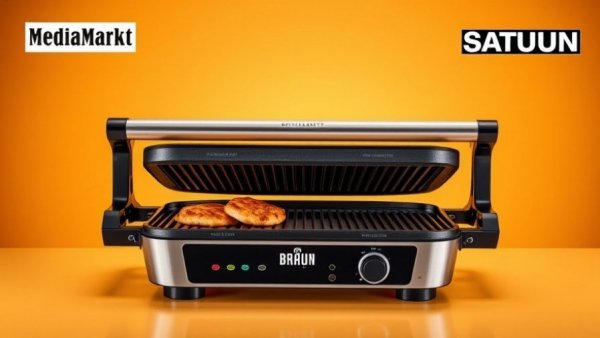 Braun Multigrill 9 Pro CG 9160 electric grill open in front of an orange gradient.