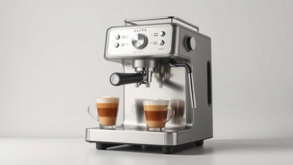 Espressomaschine unter 315 Euro with coffee cups on gradient background.