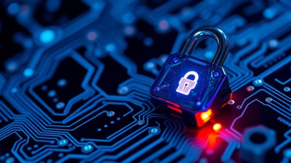 Futuristic digital lock on circuit board, symbolizing BSI IT-Grundschutz.