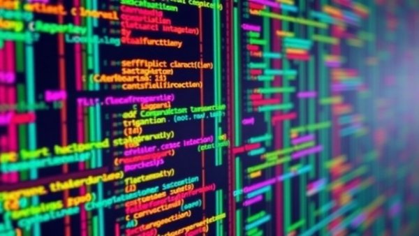 Colorful lines of code on digital screen, angled perspective.