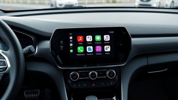 Apple CarPlay interface on car dashboard displaying maps and apps.