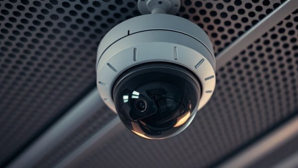 KI-gestützte Videoüberwachung Bremen: dome camera on metal ceiling.