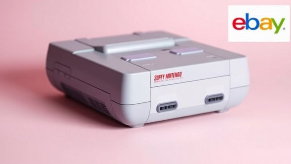 Nintendo SNES-Konsole under 60 Euro on eBay, angled view.